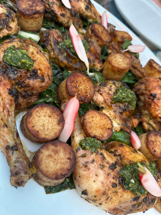 One-Pan Tuscan Chicken Thighs with Fondant Potatoes & Swiss Chard