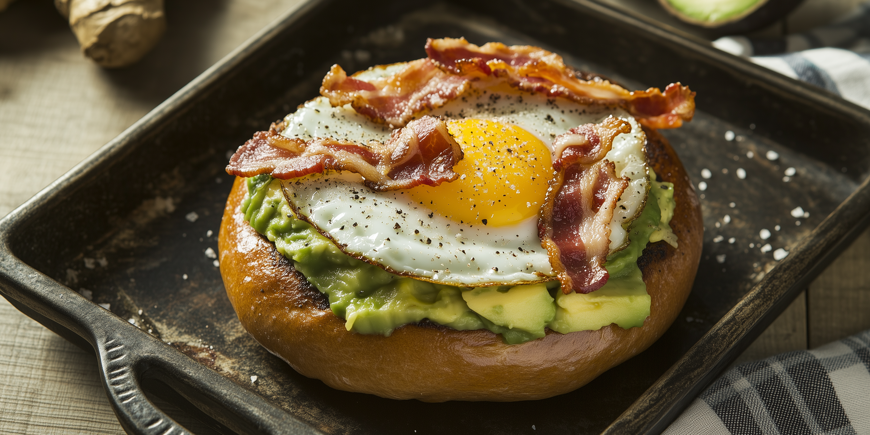 Avocado-Bacon Egg Bagel with Bacon Salt Finish