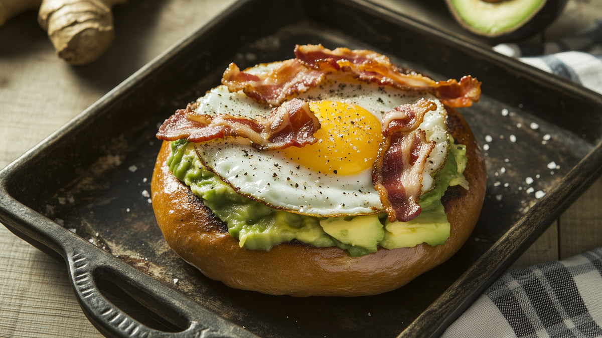 Avocado-Bacon Egg Bagel with Bacon Salt Finish