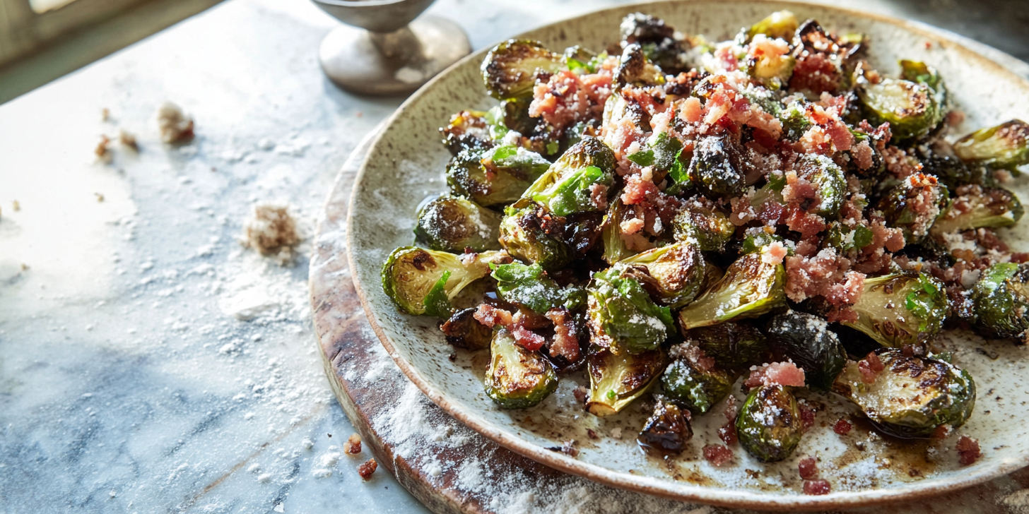 Balsamic Brussels with Pancetta & Bacon Salt