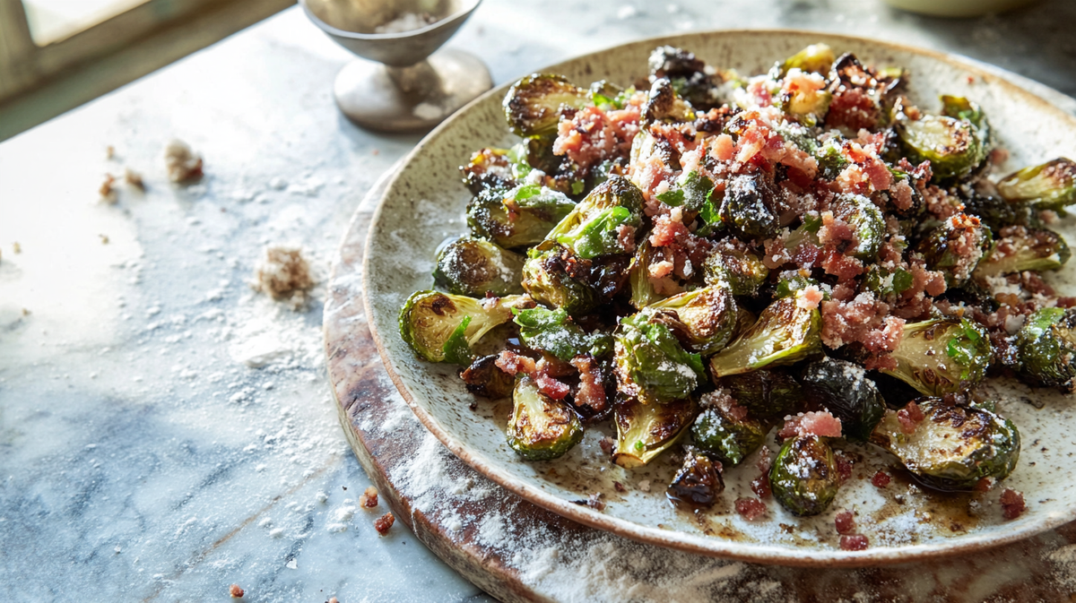 Balsamic Brussels with Pancetta & Bacon Salt