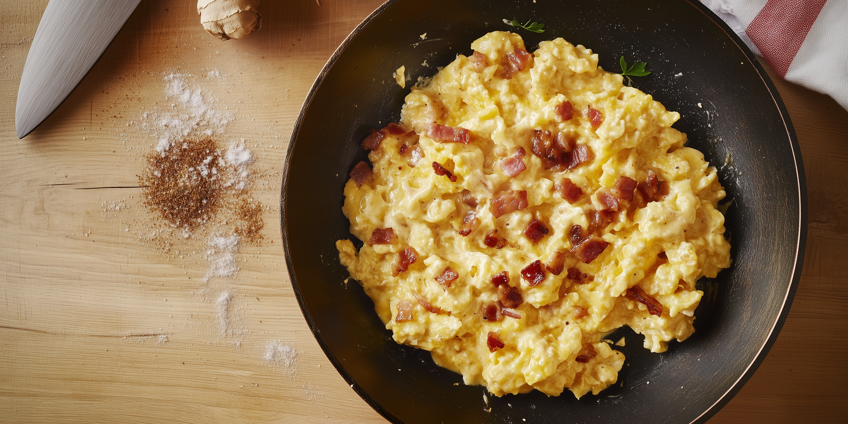 Creamy Scramble, Bacon-Salt Finish