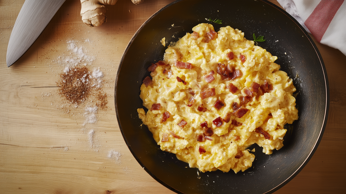 Creamy Scramble, Bacon-Salt Finish