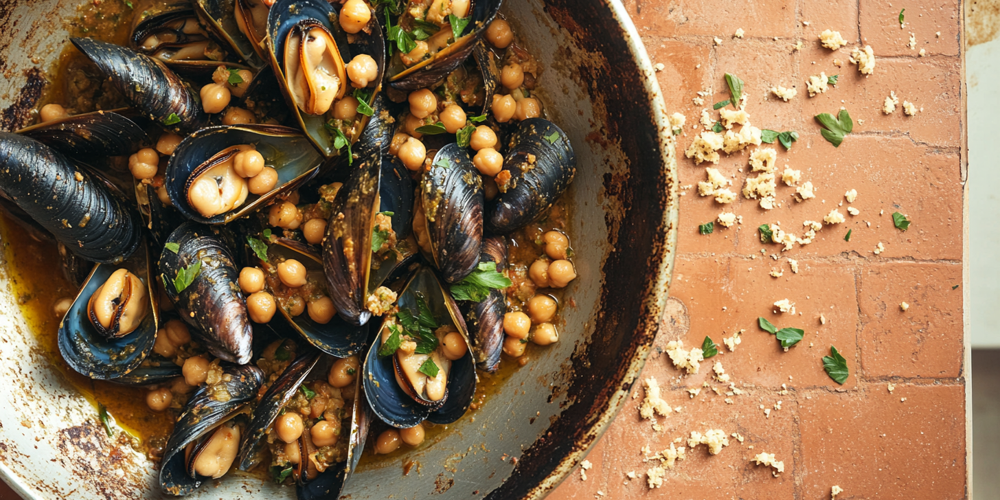 Fenugreek Mussels with Chickpeas & Harissa Oil
