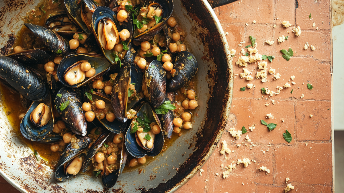 Fenugreek Mussels with Chickpeas & Harissa Oil