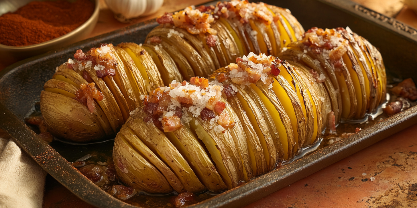 French Onion Hasselback Potatoes with Bacon Salt