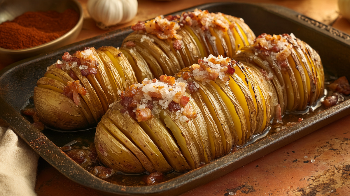French Onion Hasselback Potatoes with Bacon Salt