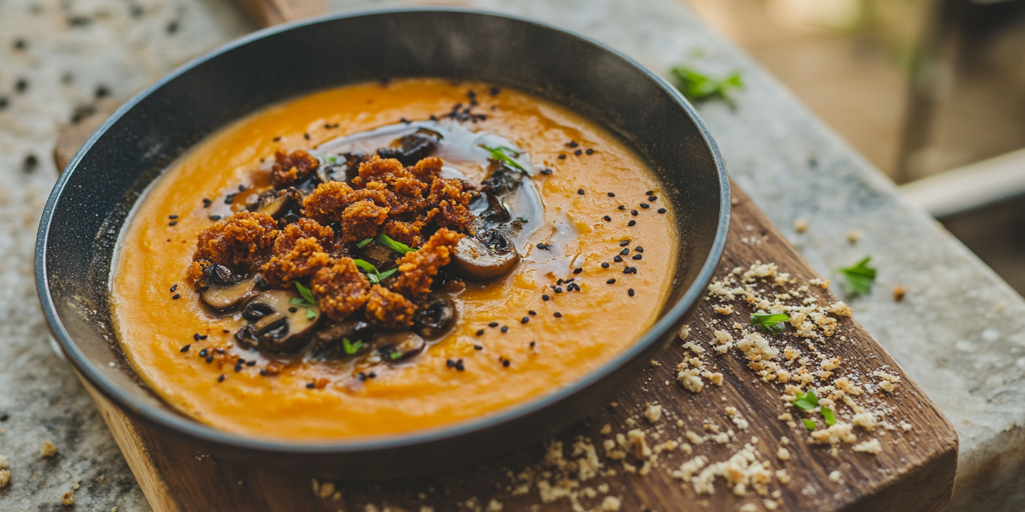 Gochujang Sweet Potato Soup with Crispy Mushrooms