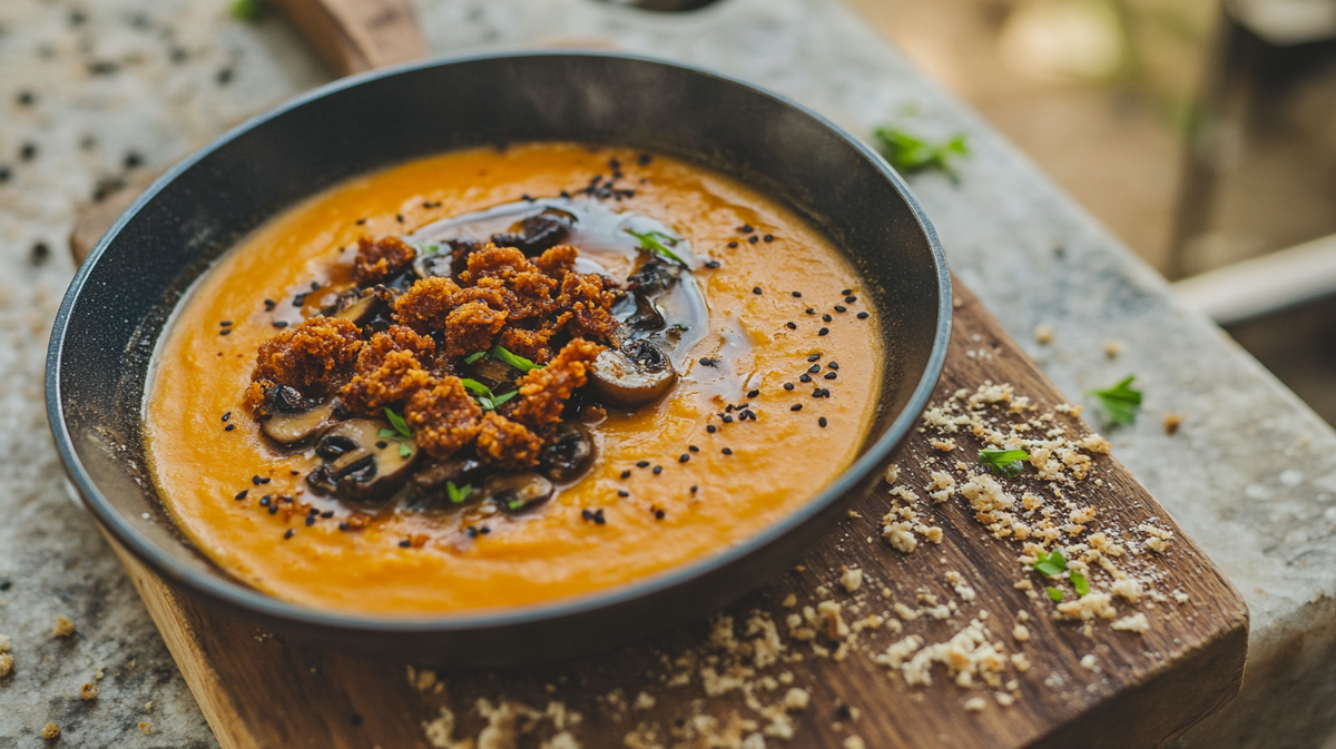 Gochujang Sweet Potato Soup with Crispy Mushrooms