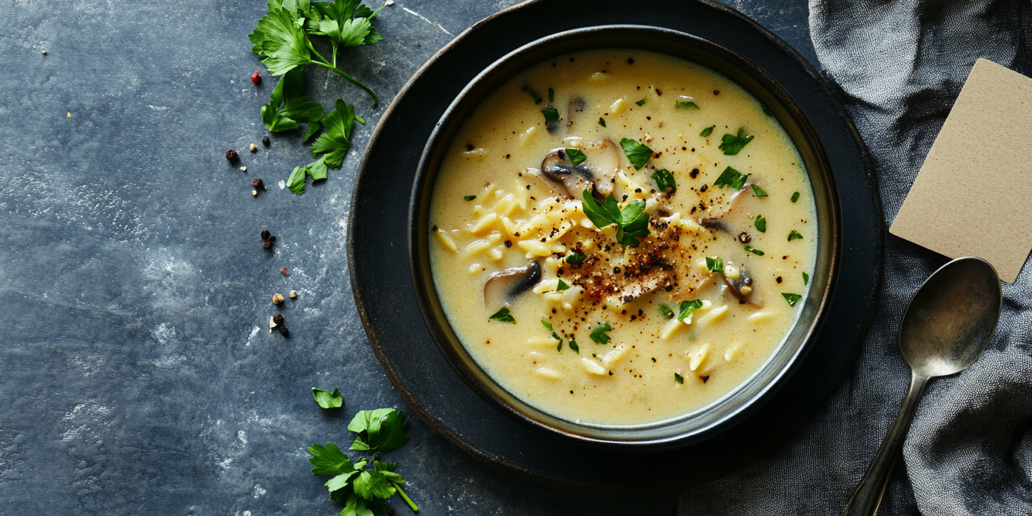 Golden Mushroom Soup with Buttered Orzo