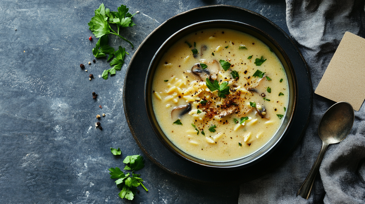 Golden Mushroom Soup with Buttered Orzo