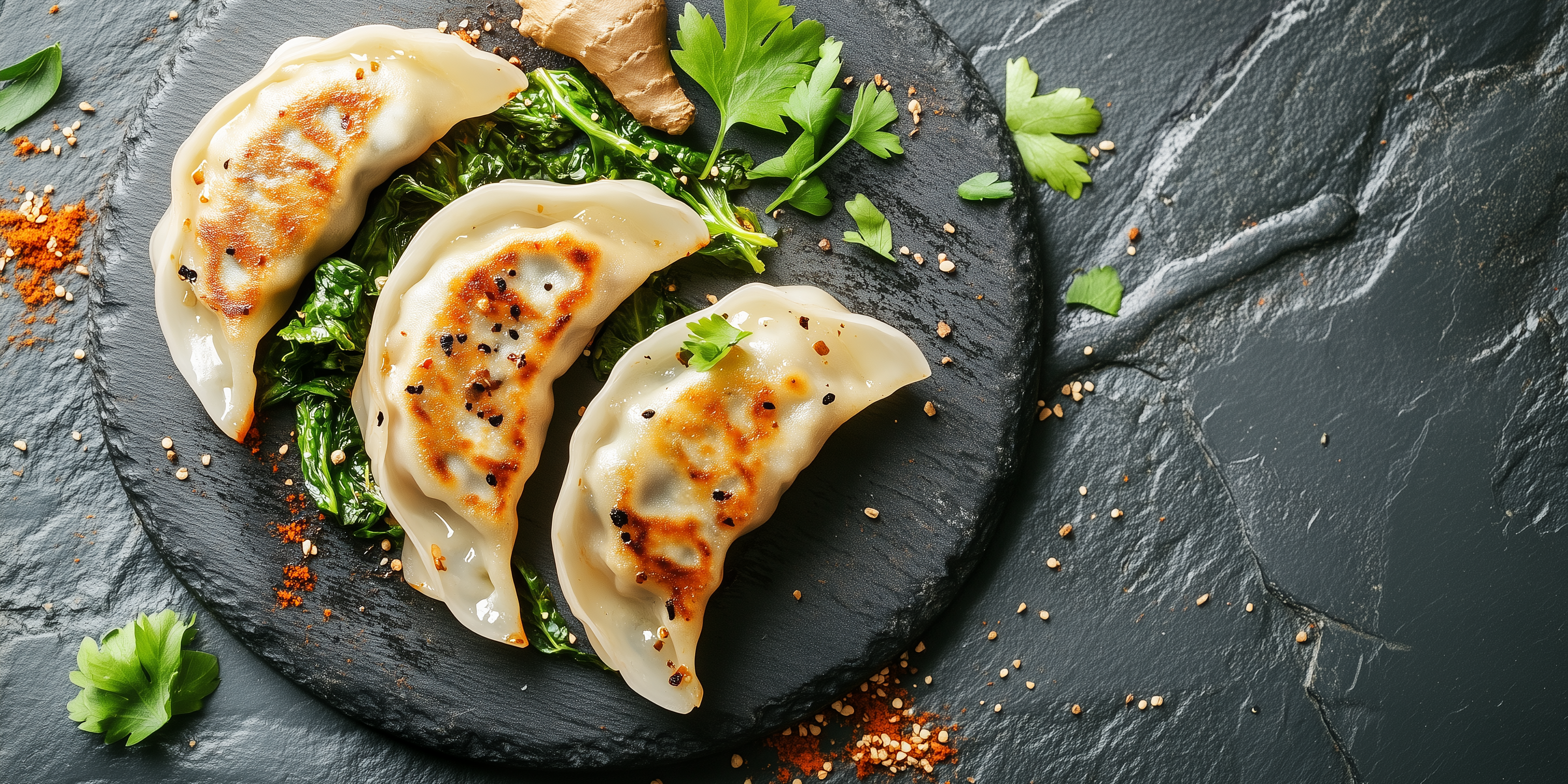 Gyoza and Greens with Chile Butter