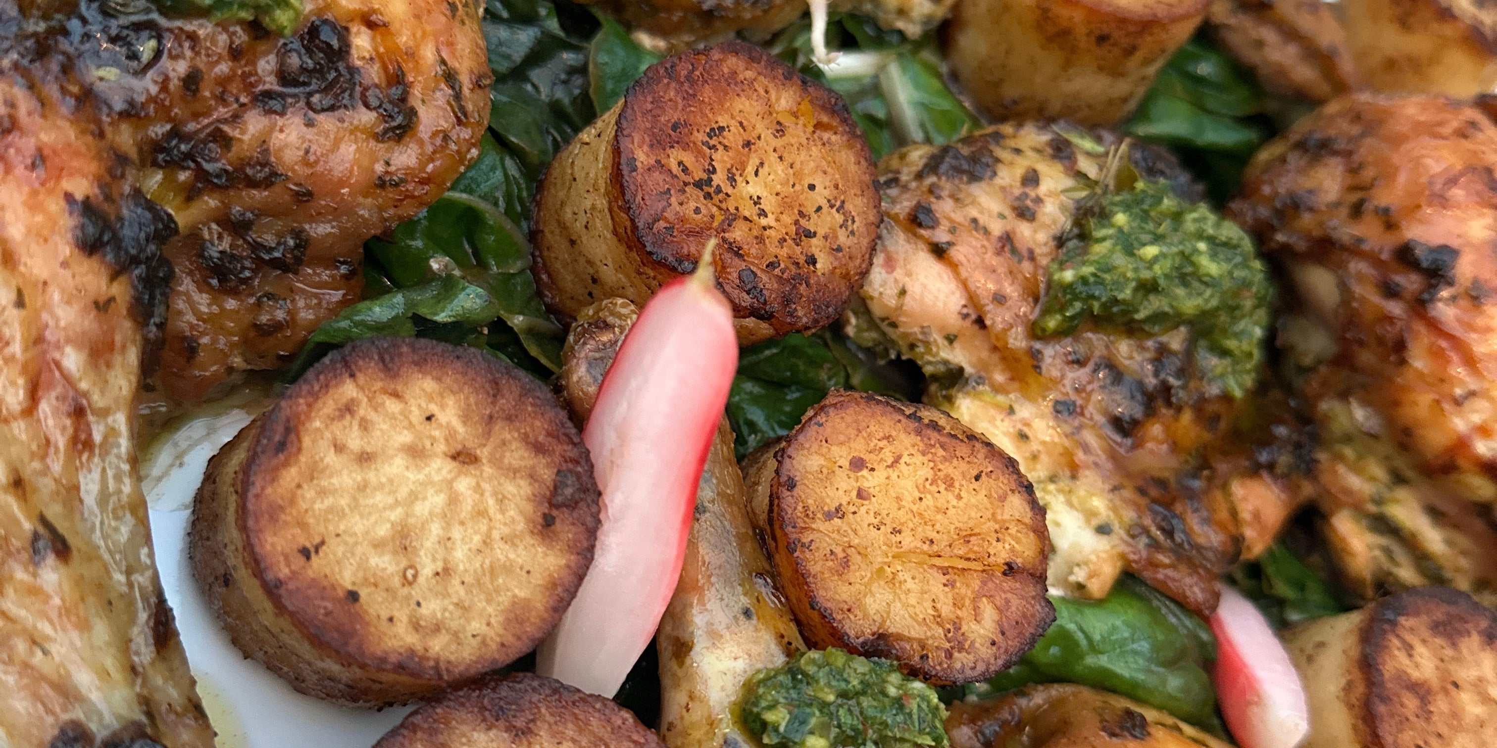 One-Pan Tuscan Chicken Thighs with Fondant Potatoes & Swiss Chard
