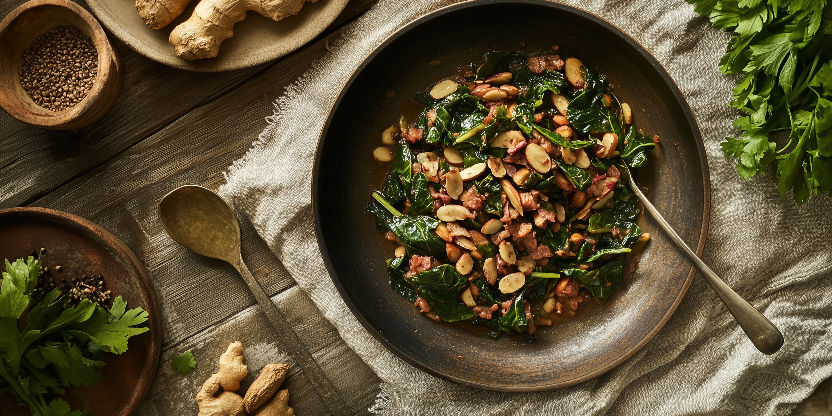 Madeira-Braised Swiss Chard with Garam Masala, Sultanas, and Toasted Almonds