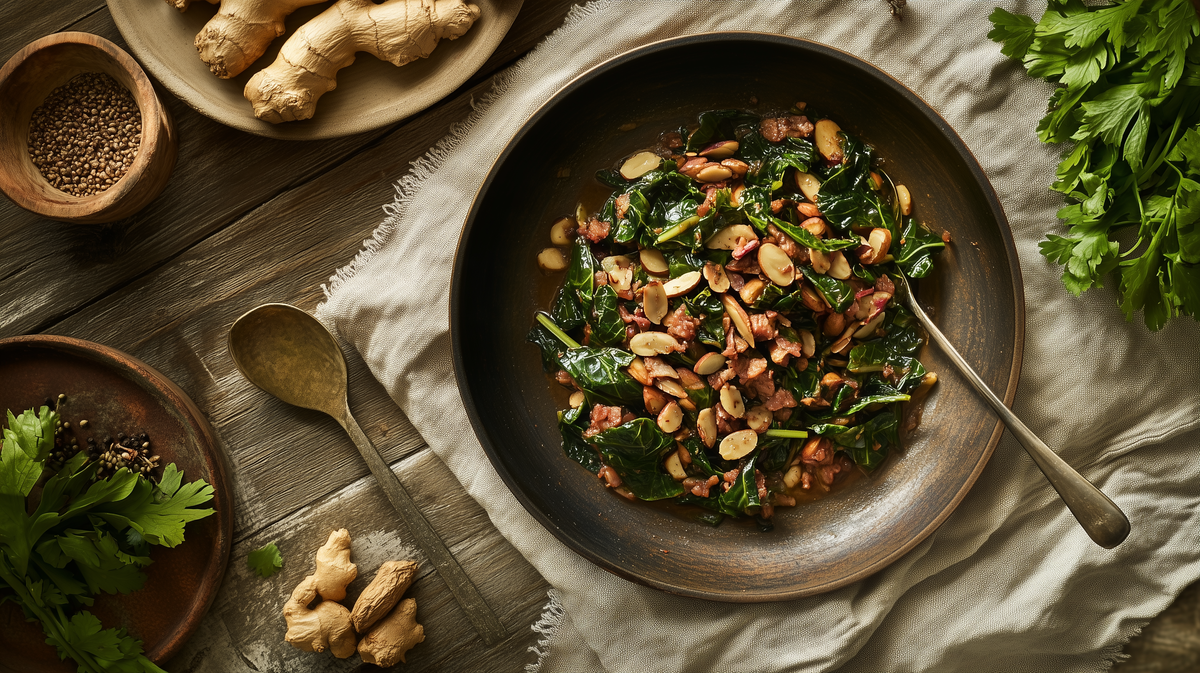 Madeira-Braised Swiss Chard with Garam Masala, Sultanas, and Toasted Almonds