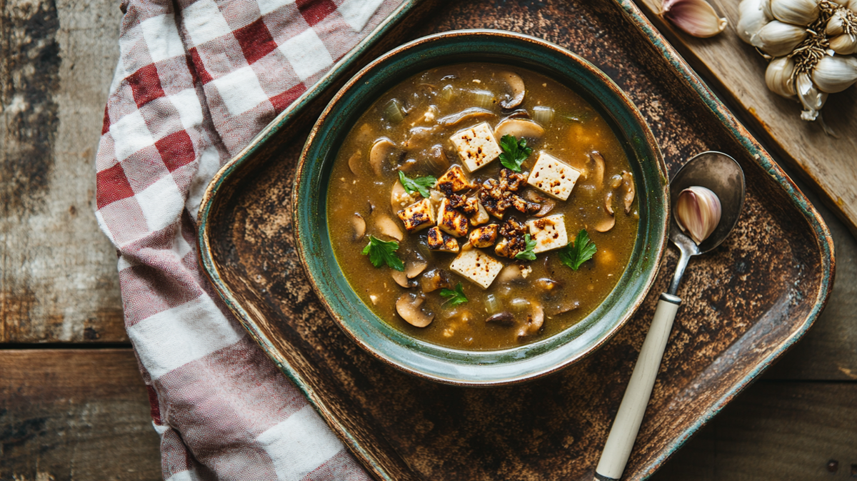 Mushroom Soup with Tofu and Toasted Garlic