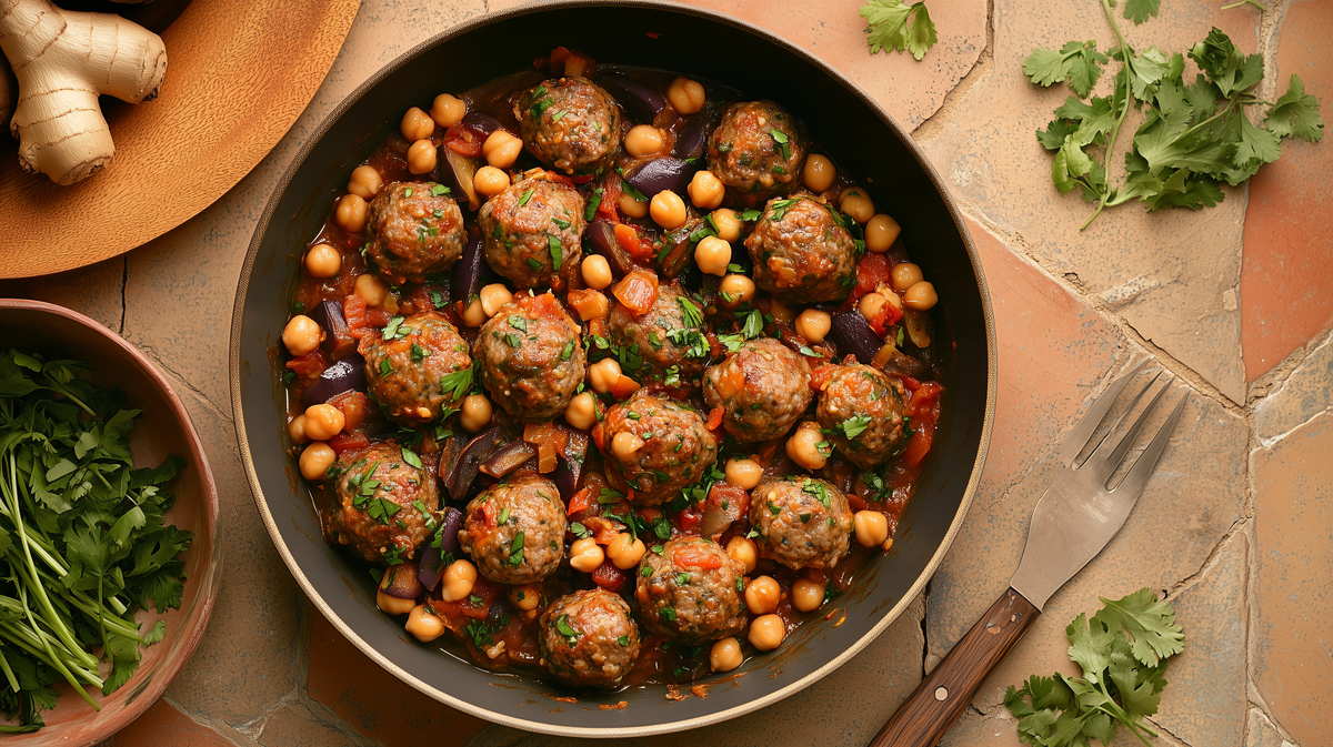 One-Pot Lamb Meatballs with Eggplant & Chickpeas