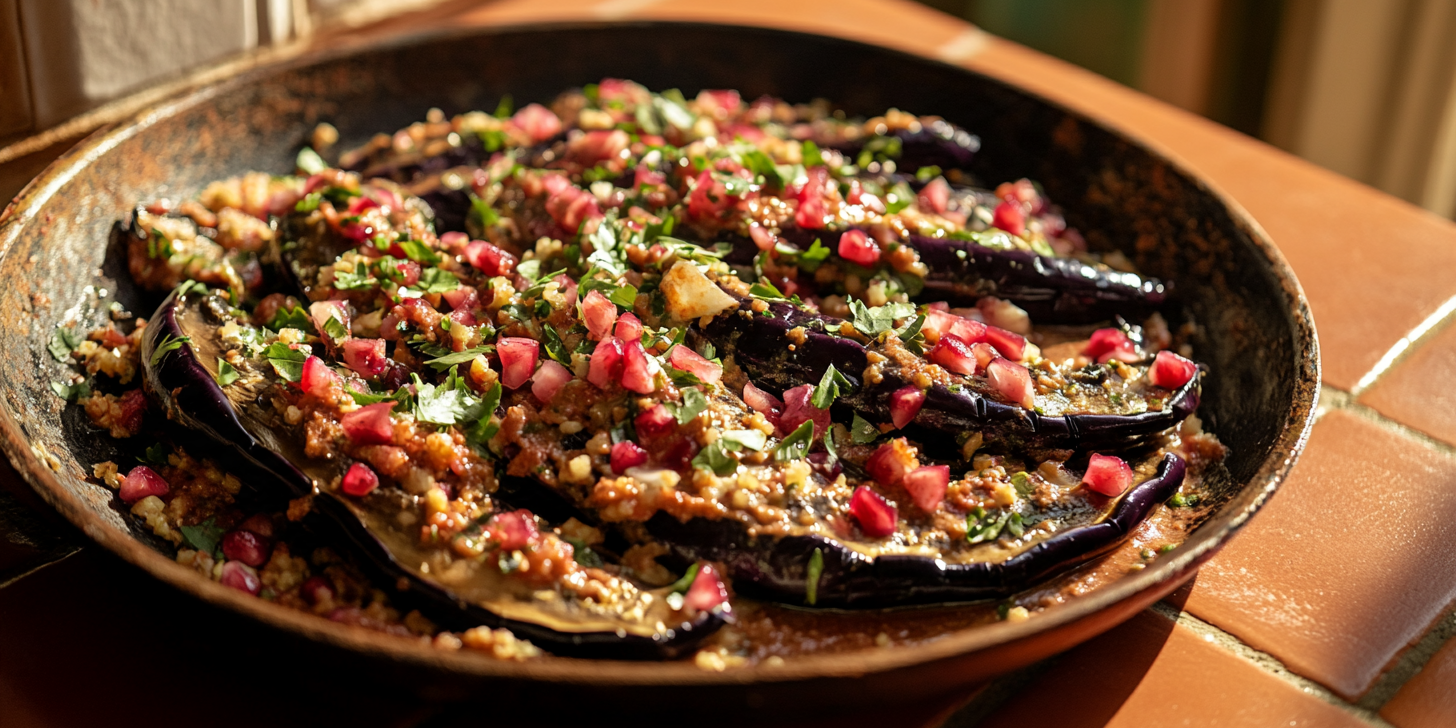 Pomegranate Aubergine Salad with Rose Harissa