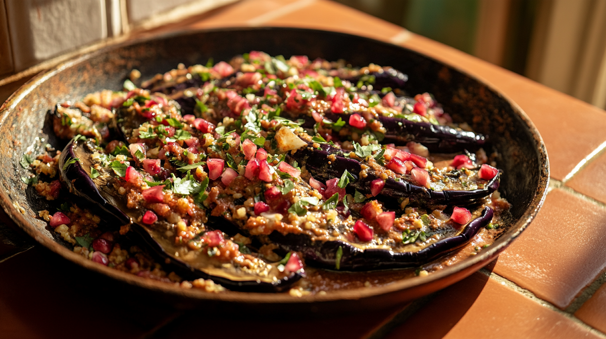 Pomegranate Aubergine Salad with Rose Harissa