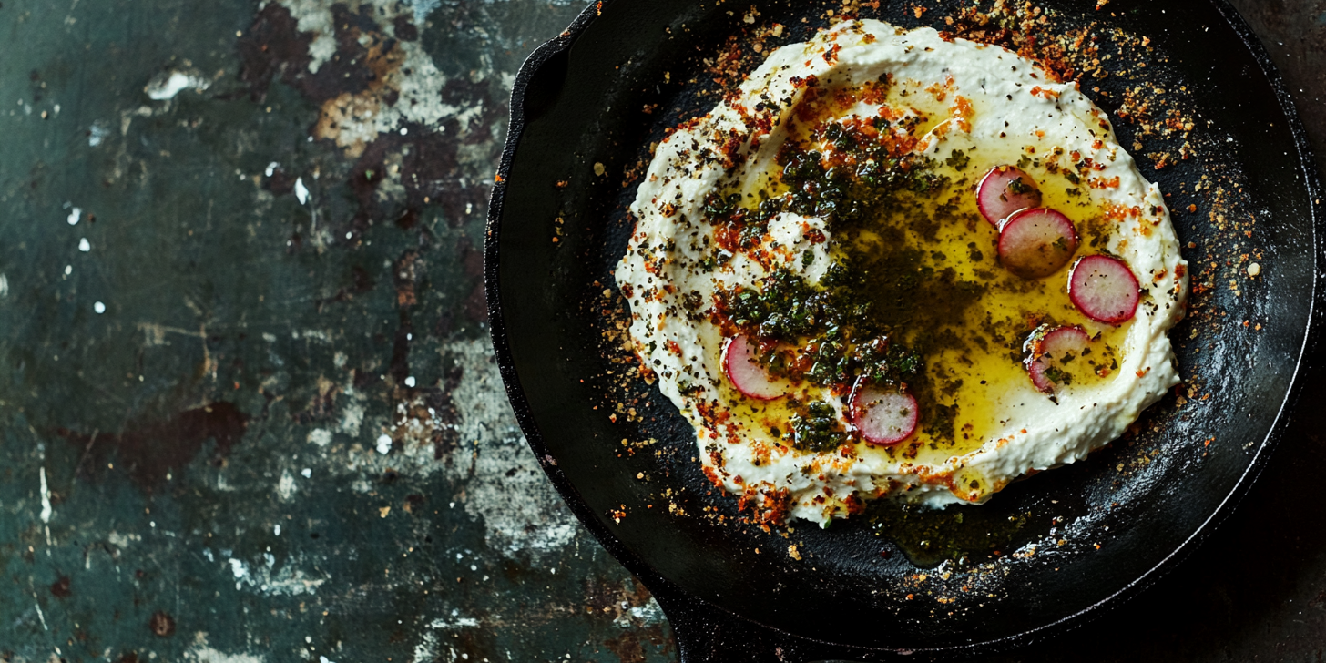 Roasted Radish Labneh Dip with Aleppo Herb Oil
