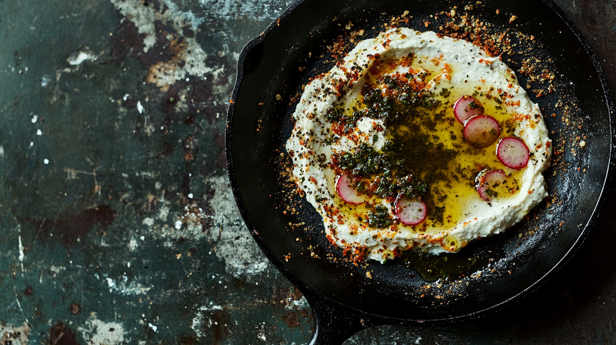 Roasted Radish Labneh Dip with Aleppo Herb Oil