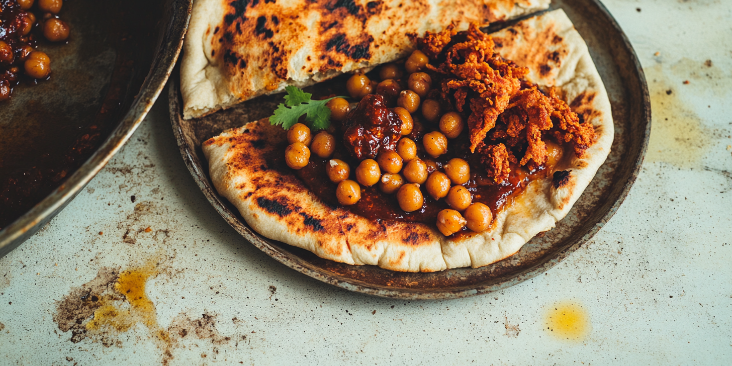 Sticky Gochujang & Harissa Pitas with Crispy Chickpeas
