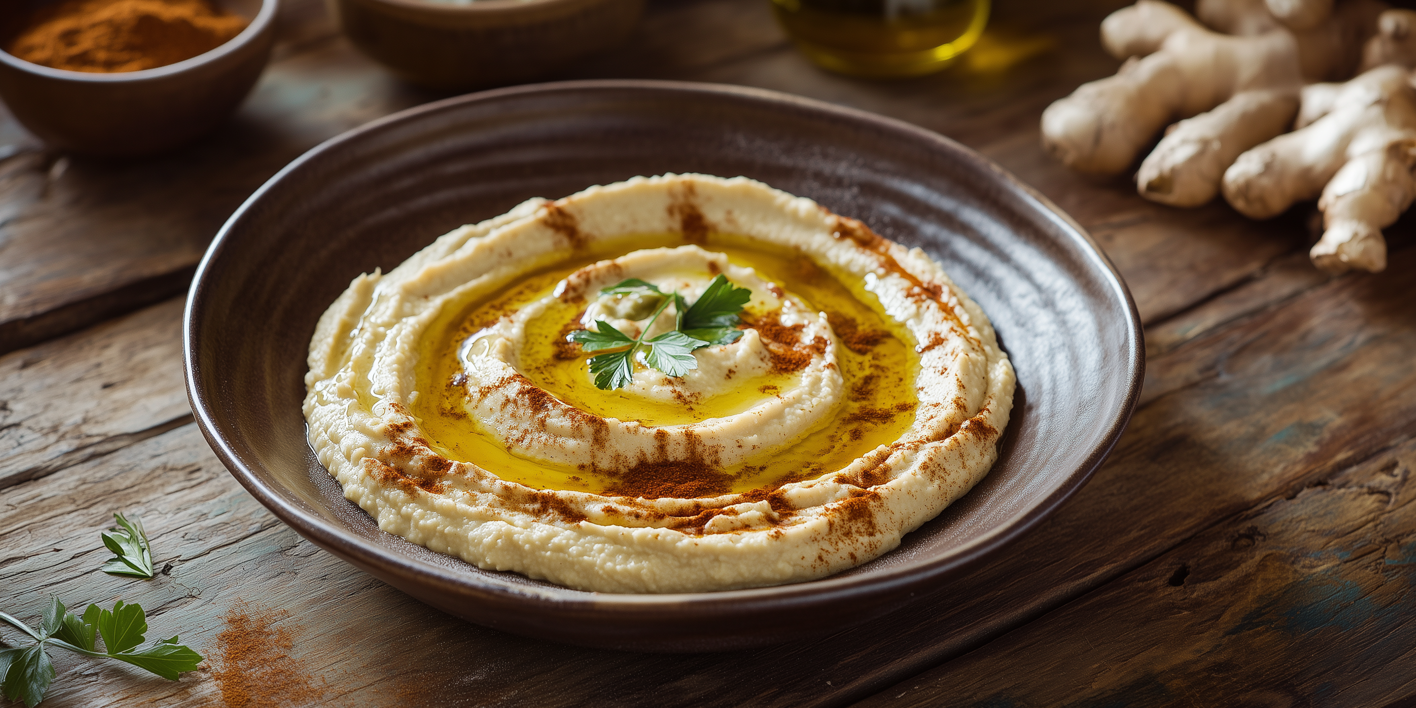 Warm Hummus Swirled with Ras El Hanout Oil