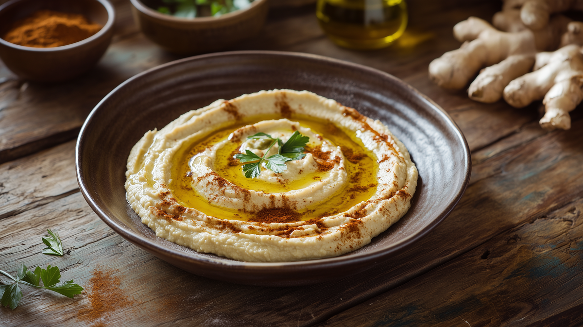Warm Hummus Swirled with Ras El Hanout Oil