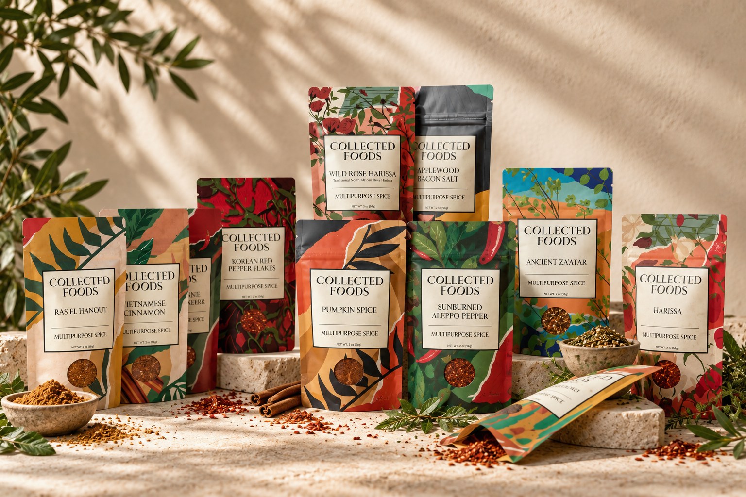 Collected Foods full spice pouch lineup on stone with botanical shadows