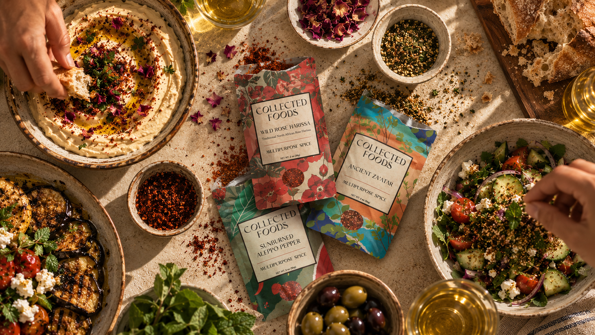 Collected Foods Wild Rose Harissa, Sunburned Aleppo Pepper, and Ancient Zaatar on a Mediterranean table